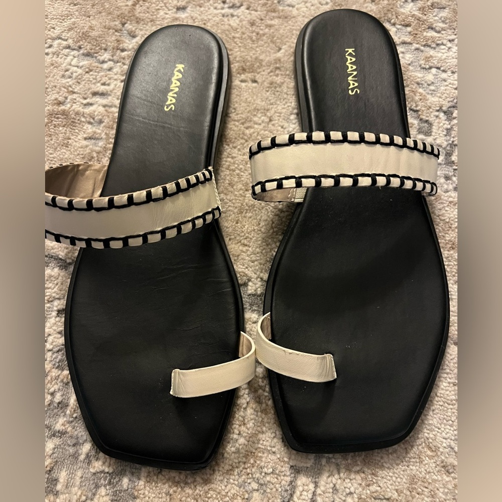 Kaanas Black and Cream Double Strap Sandals